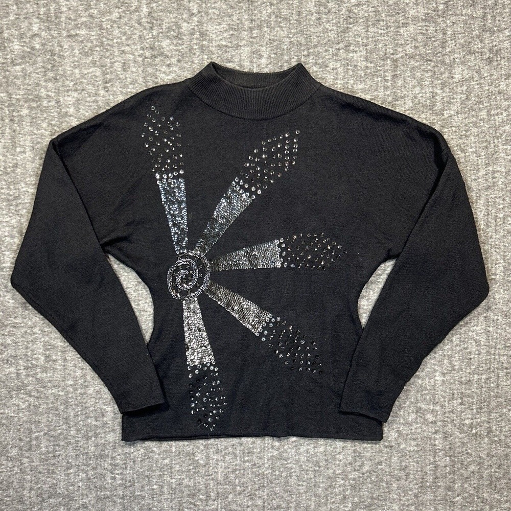 VTG Crescendo Womens‎ Medium Pullover Wool Sweater Black Sequin David Rose Style